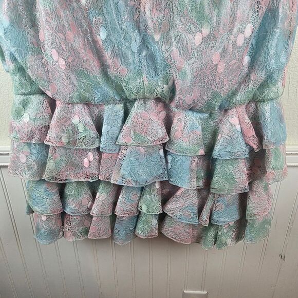 Women's Vintage Judy Hornby Drop Waist Pastel Ruffle Lace Dress Size 14 - Picture 11 of 13